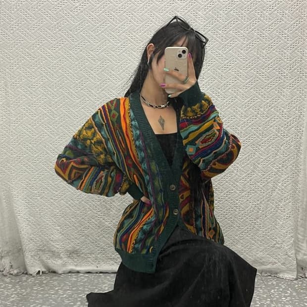 게오쿠 보헤미안 에스닉 패턴 메리노울 니트 가디건 S C06803