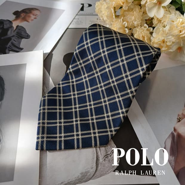 폴로랄프로렌 실크 네이비 체크 넥타이 10.1cm A~B등급 A19535