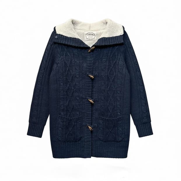 JPN VINTAGE 케이블 니트 가디건 하이넥 투포켓 디테일 네이비