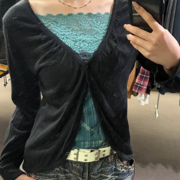 M)Japanese vintage 여성 레이스 브이넥 가디건