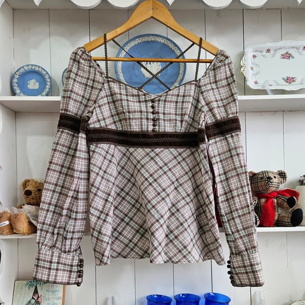 민트초코 체크 롱슬리브 블라우스