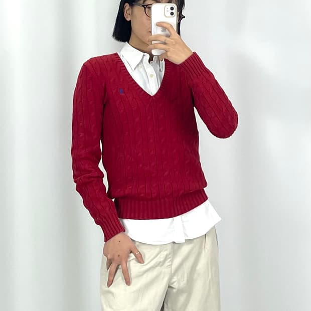 [S]폴로 레드 여성 브이넥 꽈배기 니트 CK9773