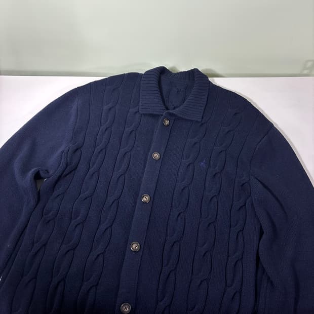 XL 빈폴 네이비 기본로고 카라넥 꽈배기가디건