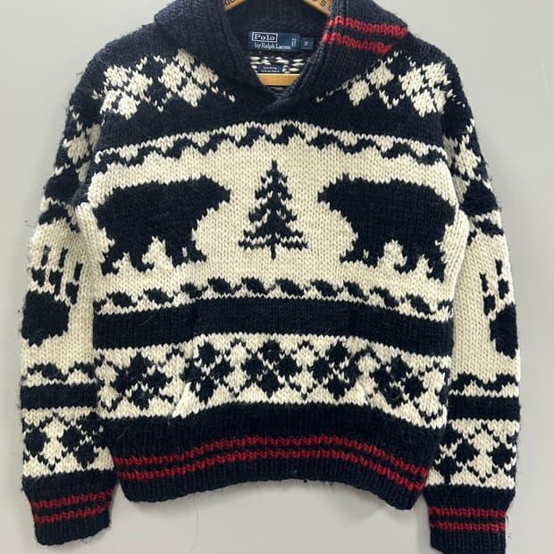 폴로 랄프로렌 울 알파카 아즈텍 베어 숄카라 핸드 니트