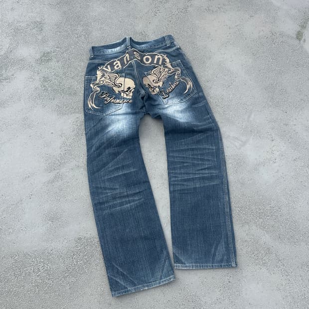 Vanson 엉덩이 스컬 자수 패치 데님팬츠