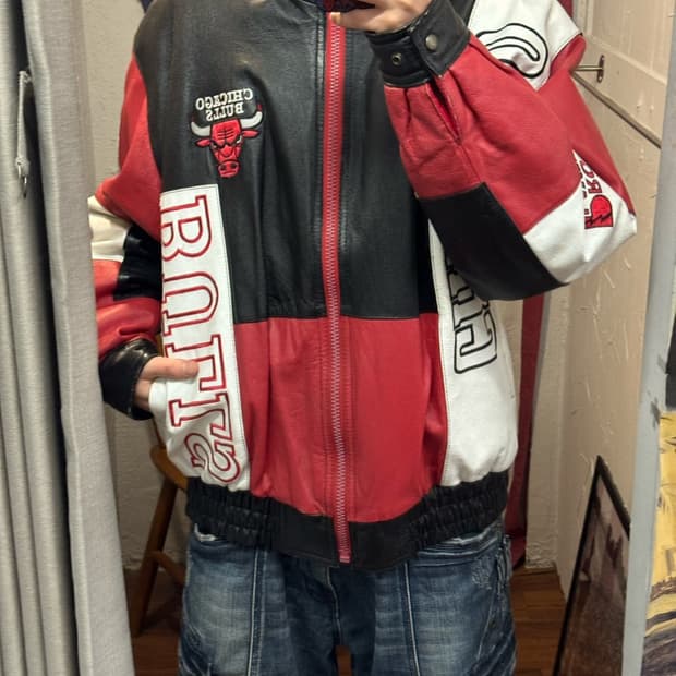 90s PRO PLAYER X 시카고불스 레더자켓 컬럭블록 화이트 레드