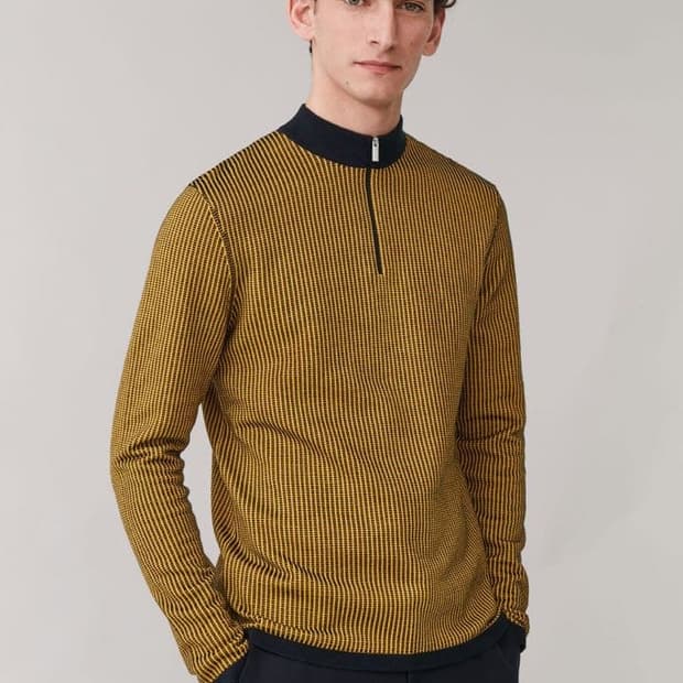 [L] COS 코스 옐로우 스트라이프 하프집업 코튼 니트