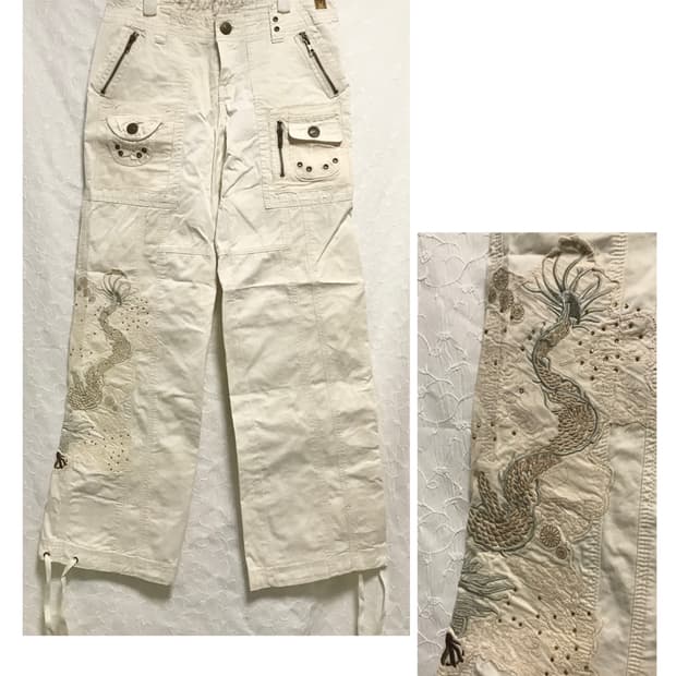 빈티지 y2k 오리엔탈 코르셋 자수 카고 팬츠