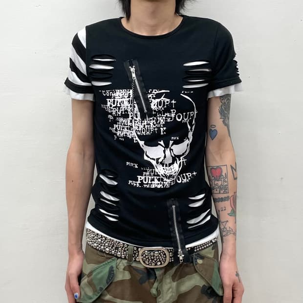 Skull Zipper Slit Punk T-Shirt 