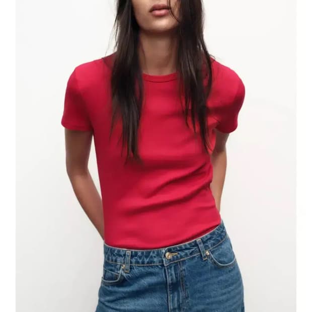 자라 숏 슬리브 리브드 티셔츠
