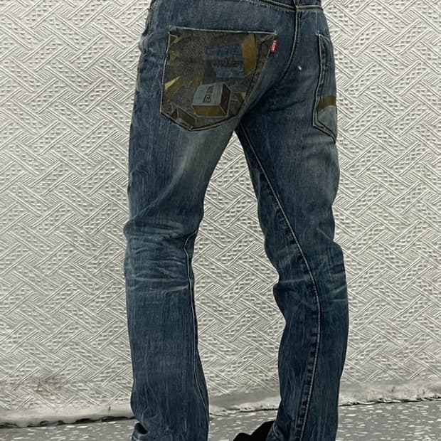 에비수 올드스쿨 레트로 포켓 프린팅 데님팬츠 32인치 C06792