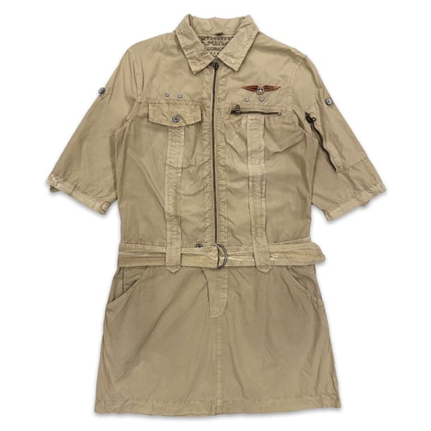 빈티지 베이지 항공 밀리터리 벨트 미니 원피스