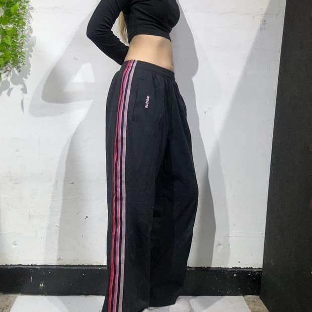 아디다스 블랙 핑크 삼선 와이드 추리닝 바지 