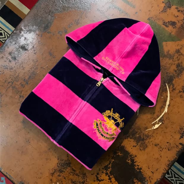 폴로랄프로렌 핑크 네이비 컬러링 크롭 벨벳 후드 집업 여성 44 55 