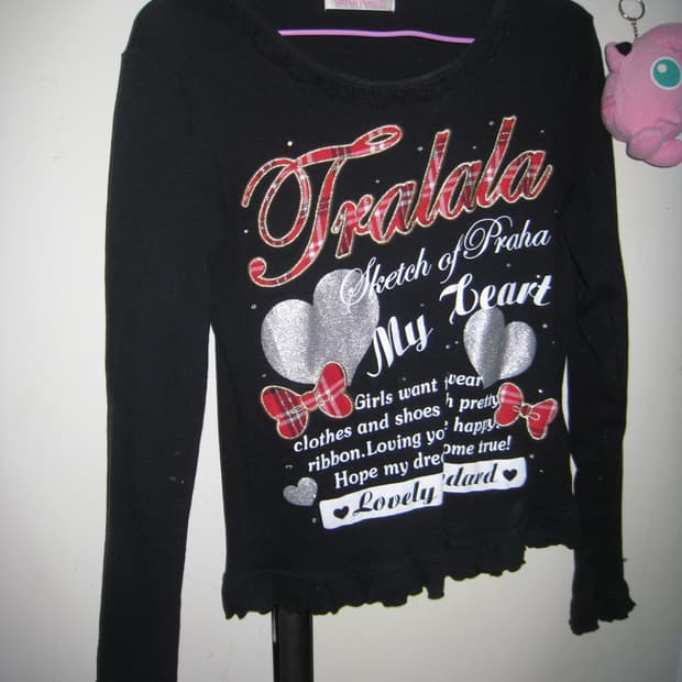 갸루 mood 블랙 앤 레드 체크 하트 티셔츠