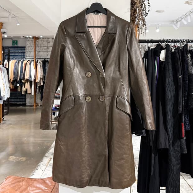 질샌더 브라운 레더 더블 롱 코트