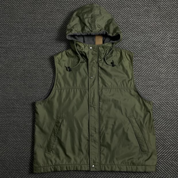 빈티지 립스탑 나일론 기모 후드 베스트 카키o 5034