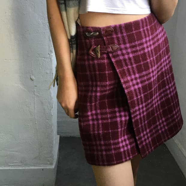 Burberry 버버리 블루 라벨 퍼플 체크 울 랩스커트 