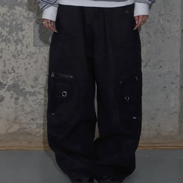 팬시클럽 크로스 포켓 카고 팬츠 블랙