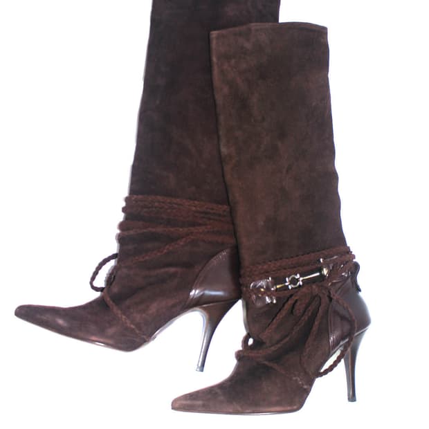 Western strap detail suede long boots