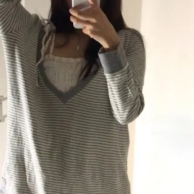 그레이 스트라이프 롱슬리브 벌룬 스커트 세트 빈티지