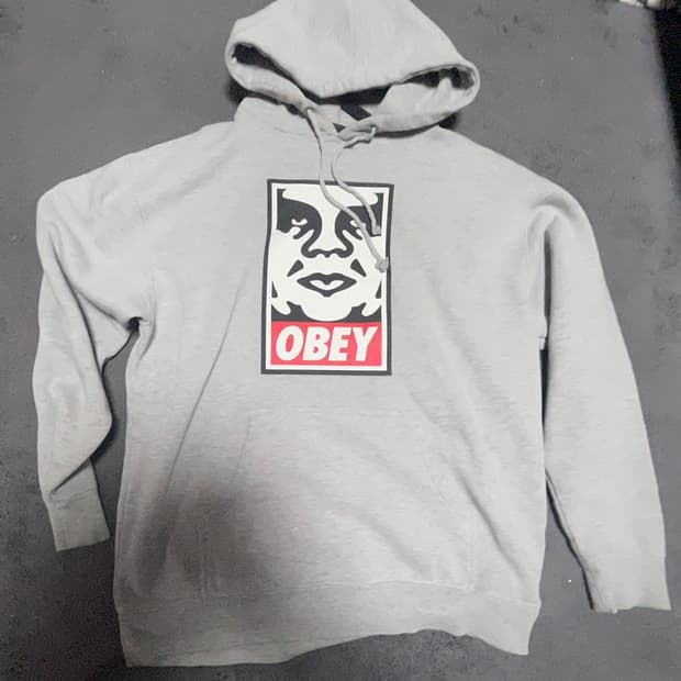 오베이 전면부 프린팅 후드티 그레이