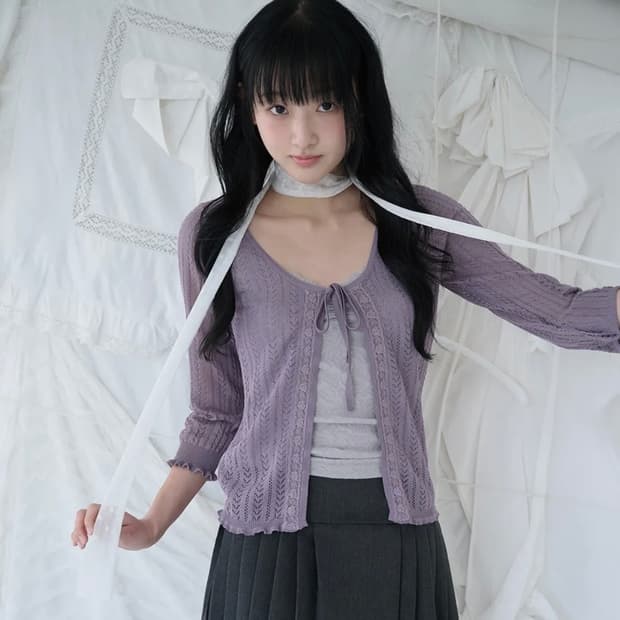 미레코 3/4 LACE KNIT CARDIGAN GRAPE 니트가디건