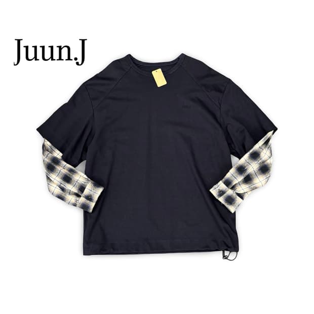 (105)준지 체크 배색 레이어드 긴팔 티셔츠