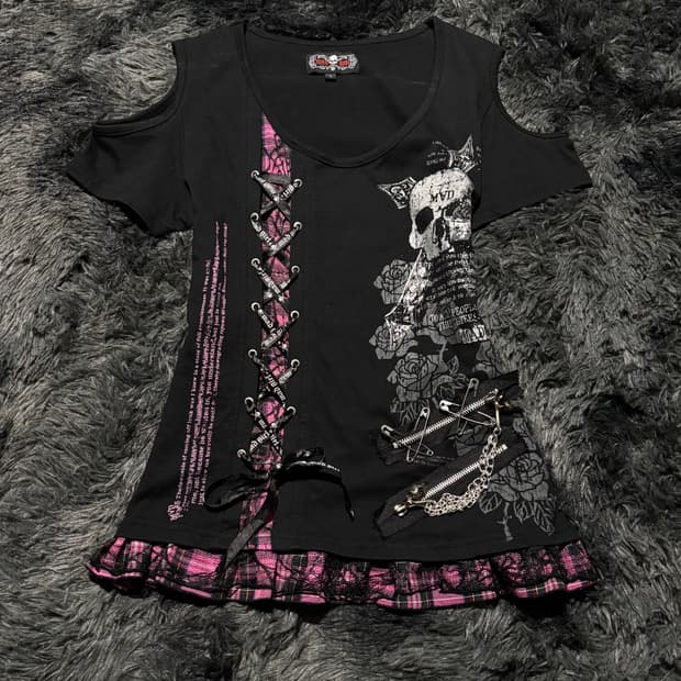 Mad Punks 스컬 그래픽 레이스업 체크 레이어드 탑