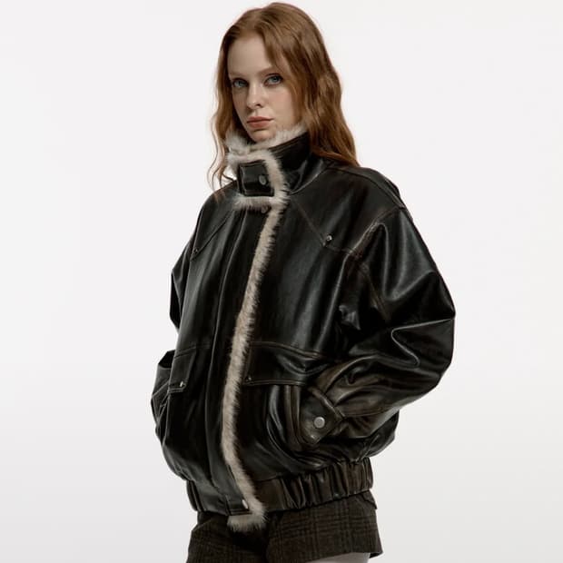 러프넥 워싱 레더 무스탕 자켓