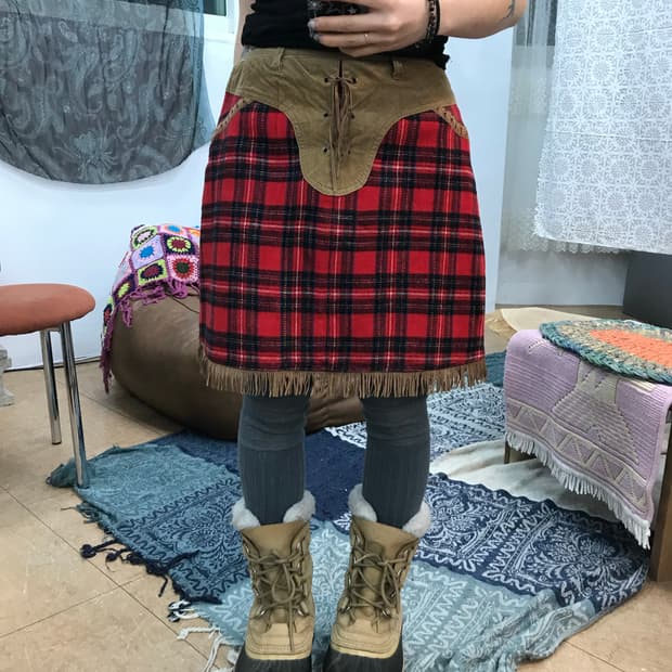 빈티지 여성 코듀로이 배색 체크 미니스커트 