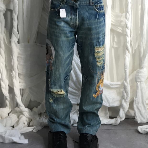 Oriental needle work point denim pants