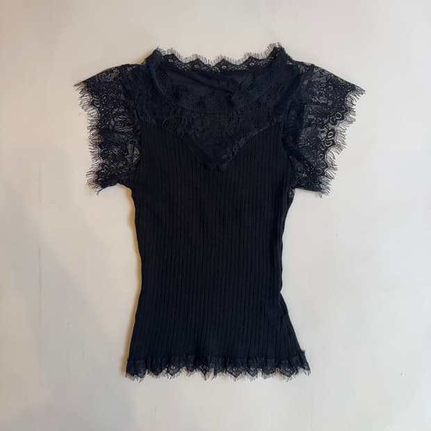 Black Lace-Panel Ribbed Top
