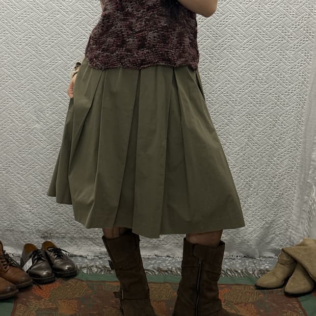 빈티지 캐주얼 코지 페미닌 말차카키 플리츠 밴딩 미디스커트 K0049