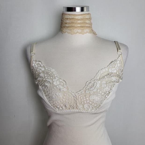 빈티지 퓨어 화이트 레이스 슬립 나시 탑