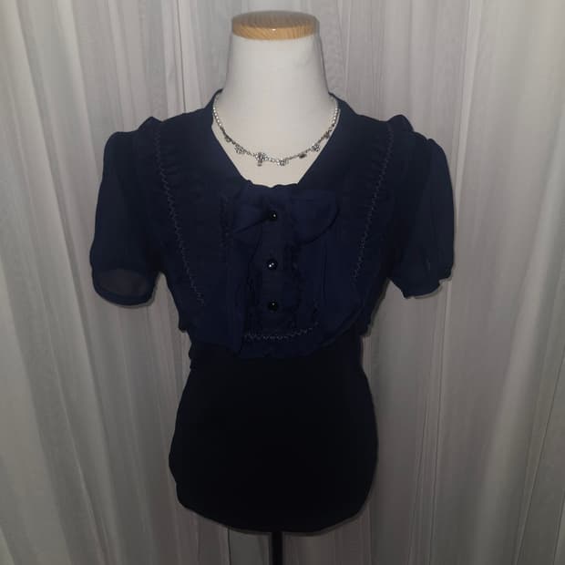 soup 네이비 히메 리본 타이 블라우스