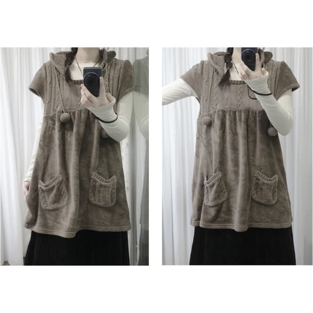 소금 빈티지 폼폼 후드 상의 브라운 컬러