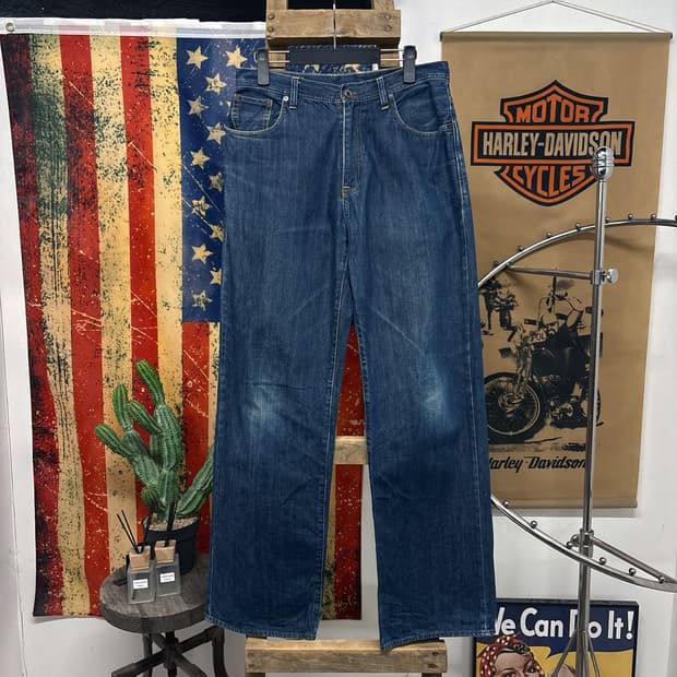 90s 폴로진스 브릭스톤 루즈핏 중청 데님팬츠 가죽탭 N586