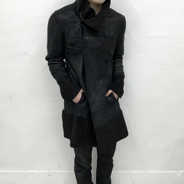 waxed drape long mouton jacket