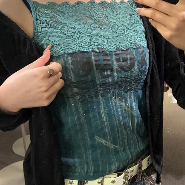 M)Japanese vintage 여성 스톤 디테일 꽃 레이스 슬리브리스