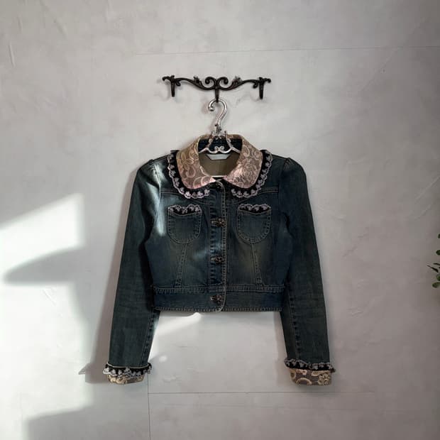 Anacapri floral lace crop denim jacket 