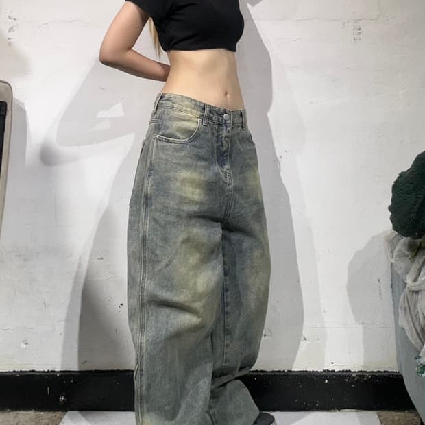 빈티지 중청 워싱 와이드 벌룬 데님 팬츠 