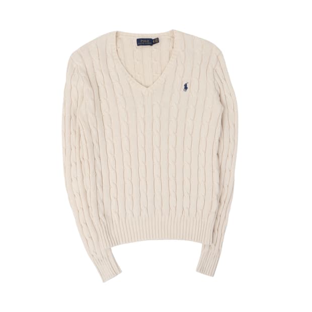 폴로 랄프로렌 아이보리 브이넥 케이블 니트