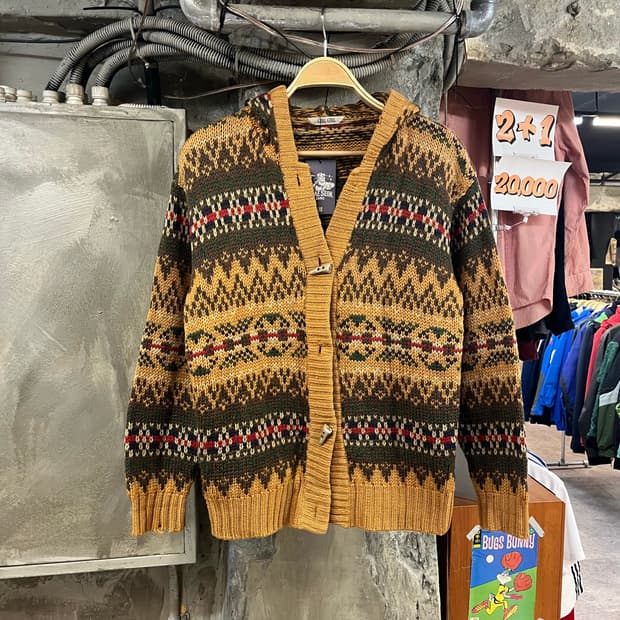 빈티지 노르딕 패턴 후드 가디건 카멜 M #csz2978