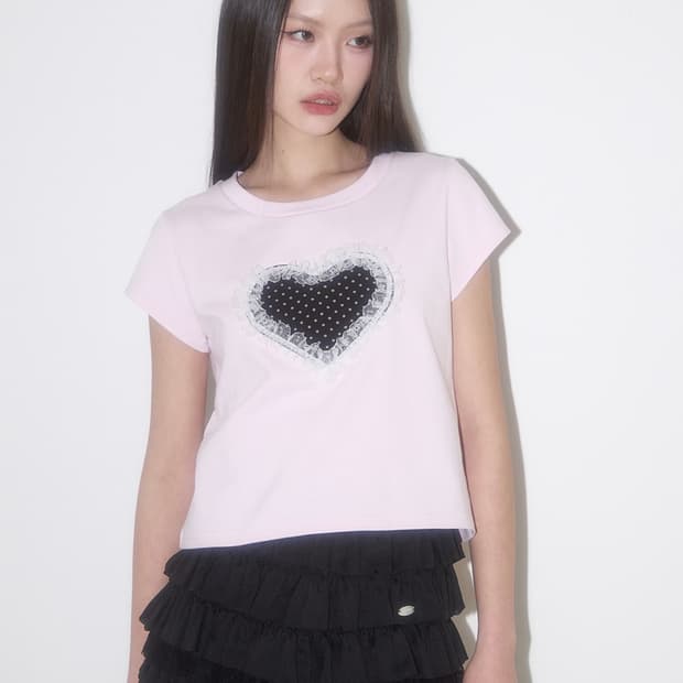 일리고 레이스 하트 도트 티셔츠 핑크
