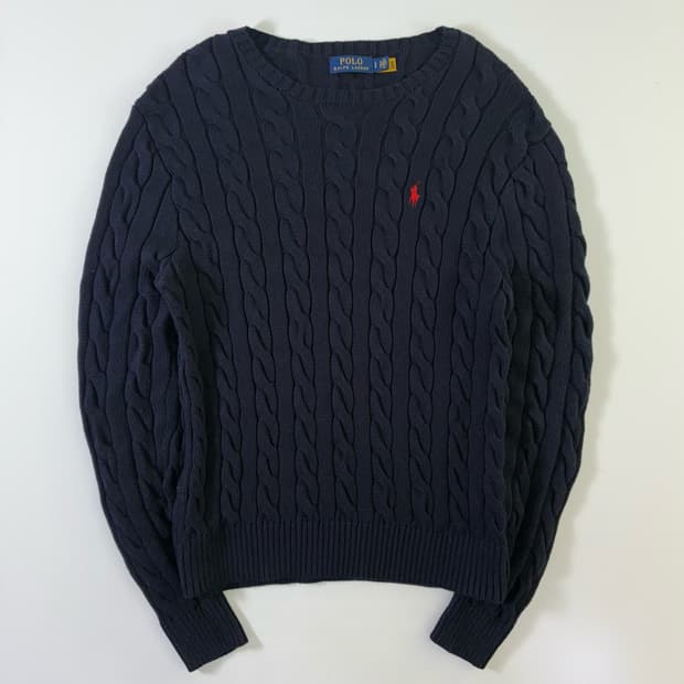 Polo  폴로 랄프로렌 자수 코튼 네이비 꽈배기 니트