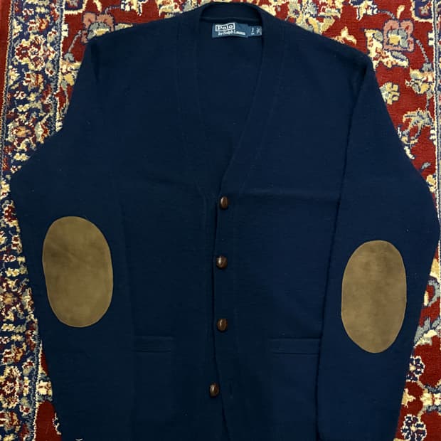 폴로 스웨이드 패치 울 캐시미어 가디건 다크네이비