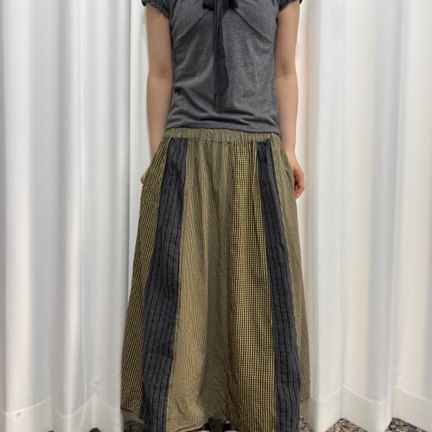 check patch long skirt