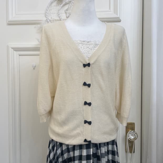 ivory black bow cardigan&lace pleats cot
