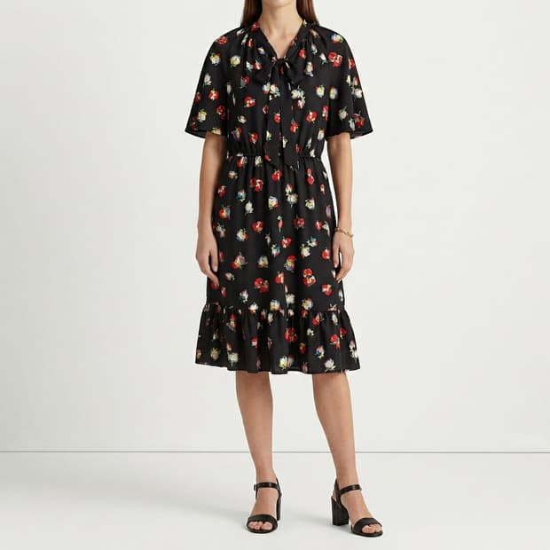 [정품] 로렌 랄프로렌 플로럴 리본 타이 밴딩 롱 원피스 (블랙/8)